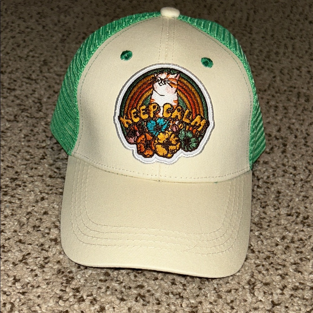 Keep Calm Cat Patch Cap - Green and Cream